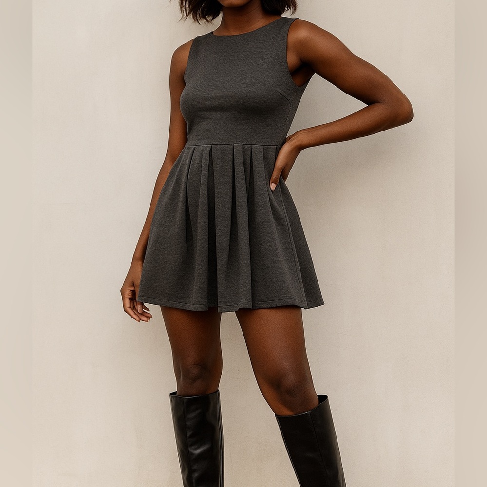 MONTEAU Grey Pleated Skater Dress